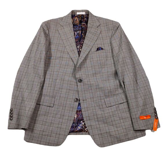 Tallia Slim-Fit Suit Jacket Mens 44R 44 Cream Brown‎ Plaid Stretch $425 - Picture 1 of 10